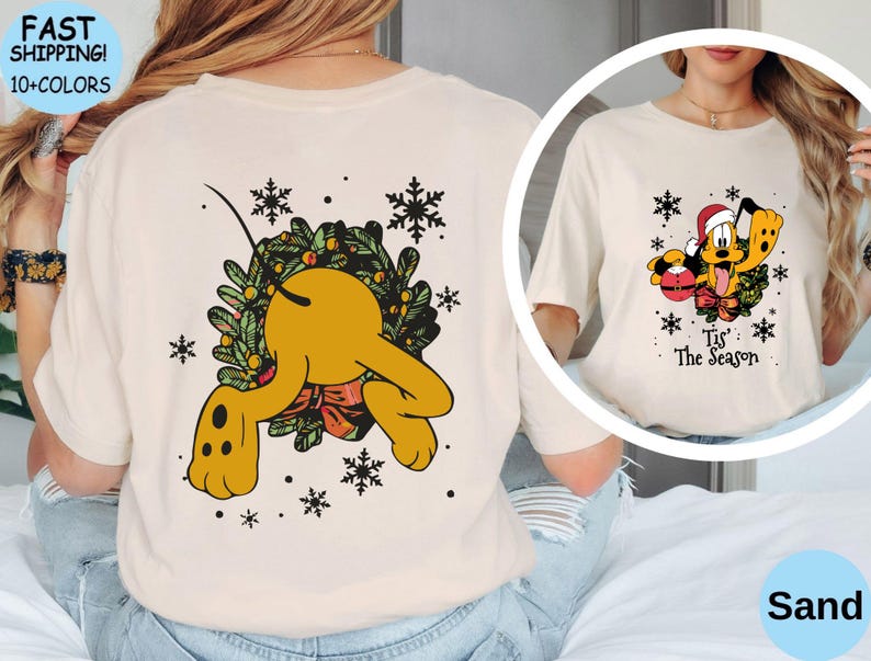 Pluto Tis' The Season Christmas T-Shirt, Two sided Disney Xmas Vacation shirt, Mickey's and Friends Very Merry Christmas Party Sweatshirt
