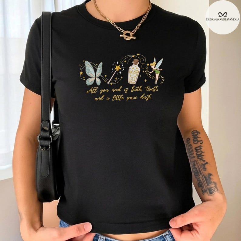 EMBROIDERED Tinker Bell Shirt, Neverland Fairy Princess Shirt, Coquette WDW Disneyland trip Embroidery Lace trim Tank top Baby Tee