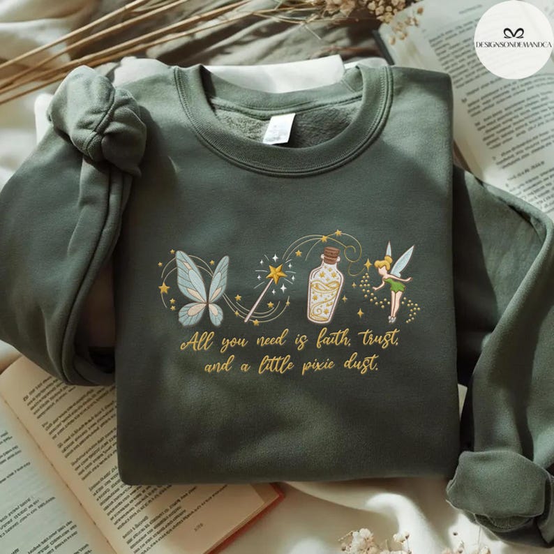 EMBROIDERED Tinker Bell Shirt, Neverland Fairy Princess Shirt, Coquette WDW Disneyland trip Embroidery Lace trim Tank top Baby Tee