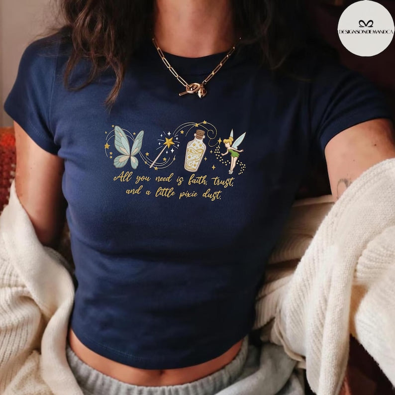 EMBROIDERED Tinker Bell Shirt, Neverland Fairy Princess Shirt, Coquette WDW Disneyland trip Embroidery Lace trim Tank top Baby Tee