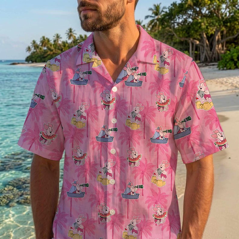 Disney Piglet Hawaiian Shirt, Piglet Aloha Shirt, Winnie the Pooh Vacation Shirt, Disney Family Trip Button Up, Tropical Beach Shirt