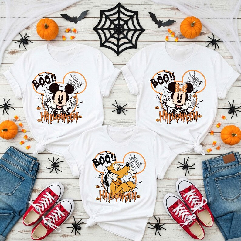 Disney Halloween Family Matching Tee 2026 - Mickey Minnie Donald Goofy Pluto 'Boo' Portrait Shirt for Vacation