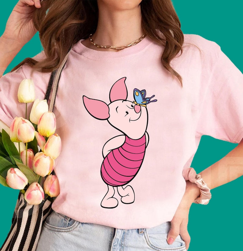 Disney Winnie The Pooh Piglet Portrait Shirt | Disney Piglet Playing With Butterfly Tee | Disneyland Trip Family Outfits R626