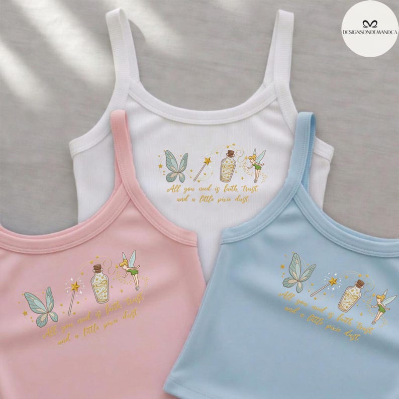 EMBROIDERED Tinker Bell Shirt, Neverland Fairy Princess Shirt, Coquette WDW Disneyland trip Embroidery Lace trim Tank top Baby Tee