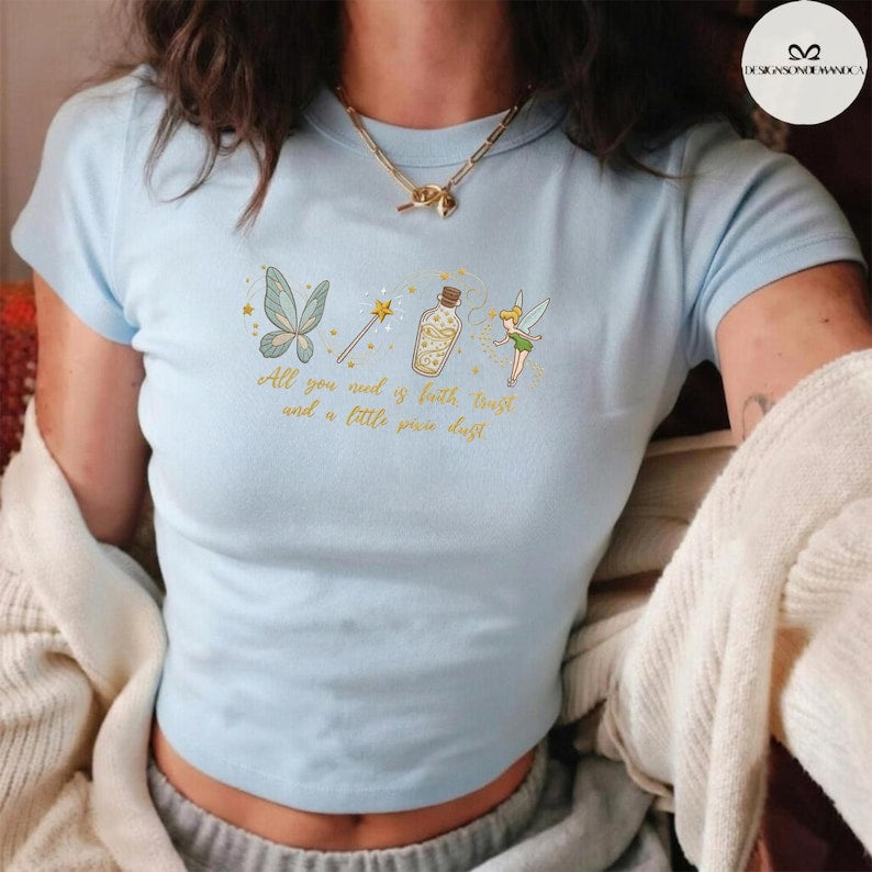 EMBROIDERED Tinker Bell Shirt, Neverland Fairy Princess Shirt, Coquette WDW Disneyland trip Embroidery Lace trim Tank top Baby Tee