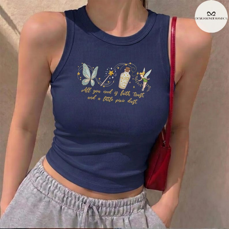 EMBROIDERED Tinker Bell Shirt, Neverland Fairy Princess Shirt, Coquette WDW Disneyland trip Embroidery Lace trim Tank top Baby Tee