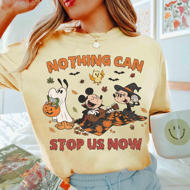 Retro Comfort Colors Halloween Runaway Railway Shirt, Nothing Can Stop Us Now Mickey Minnie Pluto Shirt, Disneyland Trip Hallowwen Outfits