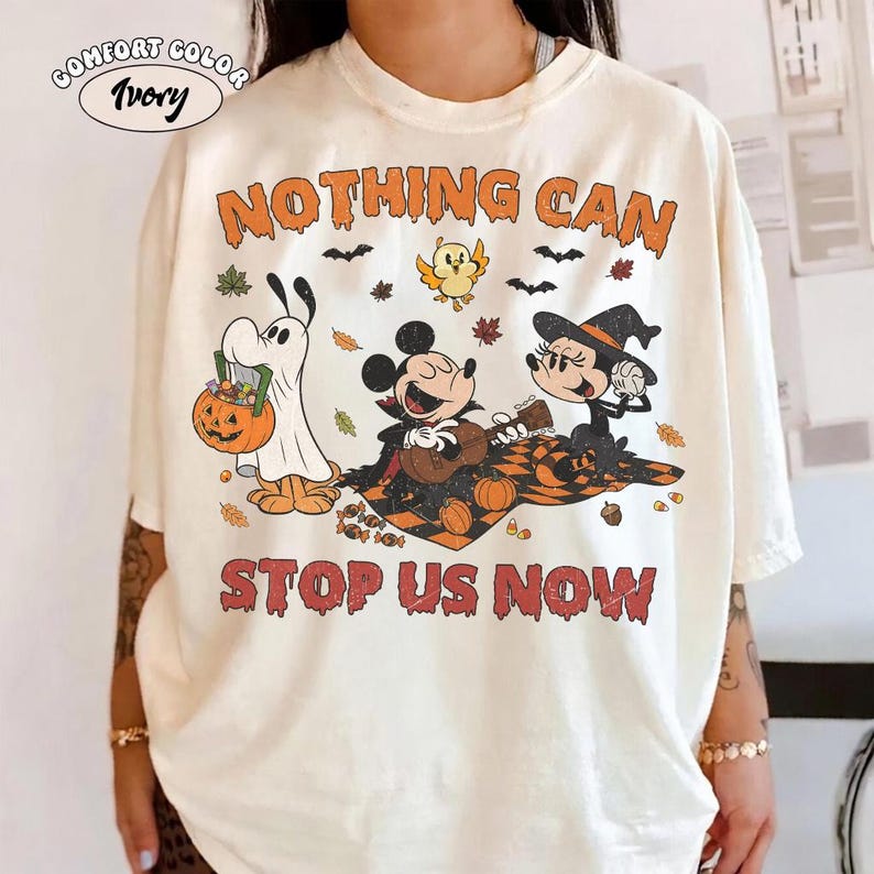 Retro Comfort Colors Halloween Runaway Railway Shirt, Nothing Can Stop Us Now Mickey Minnie Pluto Shirt, Disneyland Trip Hallowwen Outfits