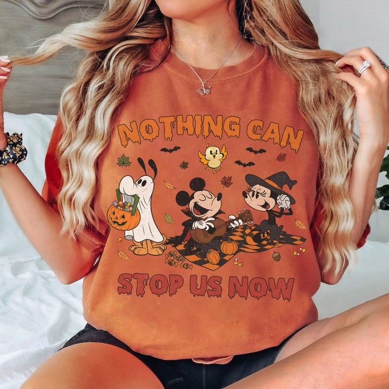 Retro Comfort Colors Halloween Runaway Railway Shirt, Nothing Can Stop Us Now Mickey Minnie Pluto Shirt, Disneyland Trip Hallowwen Outfits