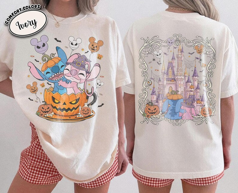 Vintage Stitch and Angel Halloween Shirt, Comfort Colors Two Sided Disney Pumpkin Castle Graphic Tee, Spooky Theme Park Vacation Gift 2026