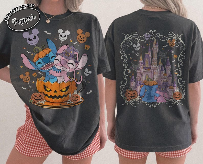Vintage Stitch and Angel Halloween Shirt, Comfort Colors Two Sided Disney Pumpkin Castle Graphic Tee, Spooky Theme Park Vacation Gift 2026