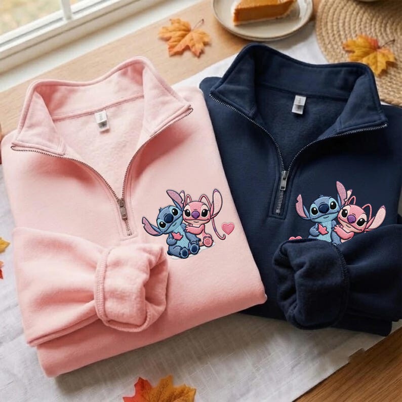 Stitch And Angel Sweatshirt Disney Embroidered Shirt Couple Matching Hoodie Quarter Zip Baby Tee Park Outfit Besties Gift