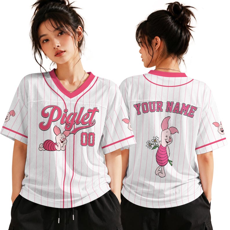 Custom Piglet Football Jersey, Personalized Piglet Name & Number Shirt, V-Neck Pinstripe Fan Top, Piglet Matching Family Vacation Outfits