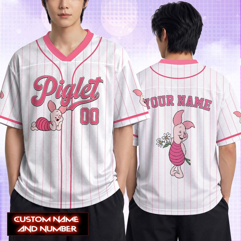 Custom Piglet Football Jersey, Personalized Piglet Name & Number Shirt, V-Neck Pinstripe Fan Top, Piglet Matching Family Vacation Outfits