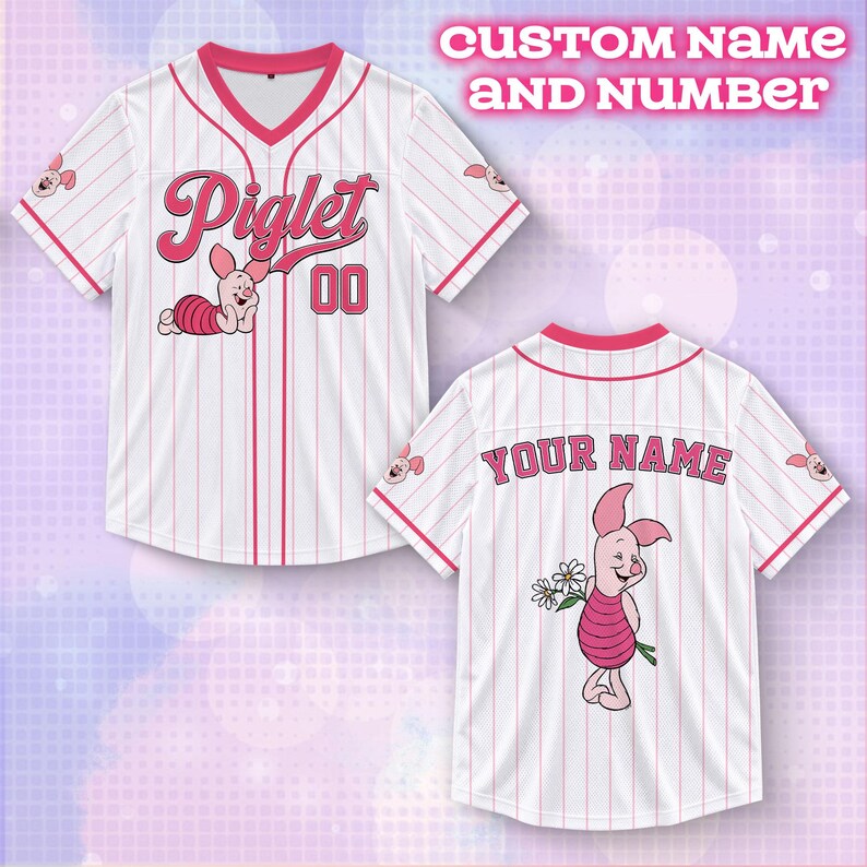 Custom Piglet Football Jersey, Personalized Piglet Name & Number Shirt, V-Neck Pinstripe Fan Top, Piglet Matching Family Vacation Outfits