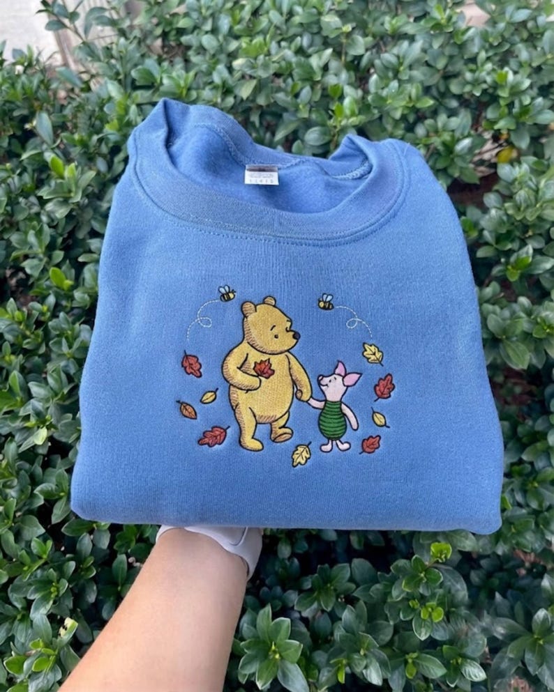 Pooh Bear Embroidered Sweatshirt, Winnie the Pooh & Piglet Fall T-shirt, Cute Autumn Crewneck, Cozy Halloween Embroidered Outfit
