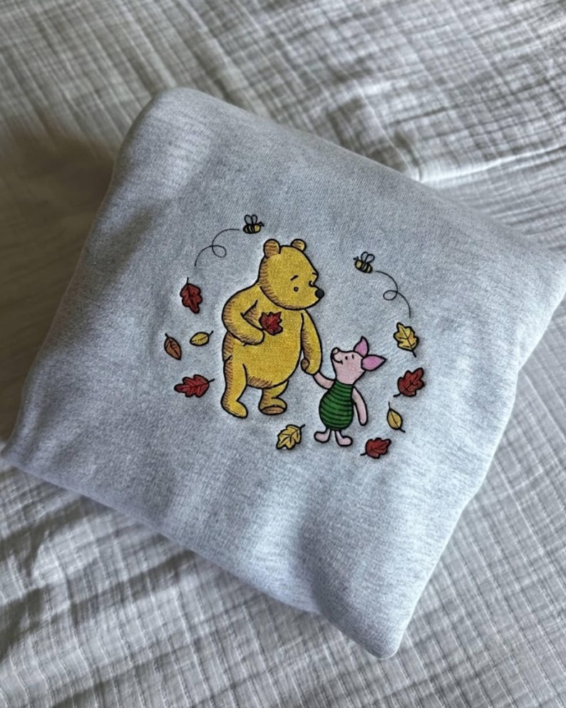 Pooh Bear Embroidered Sweatshirt, Winnie the Pooh & Piglet Fall T-shirt, Cute Autumn Crewneck, Cozy Halloween Embroidered Outfit