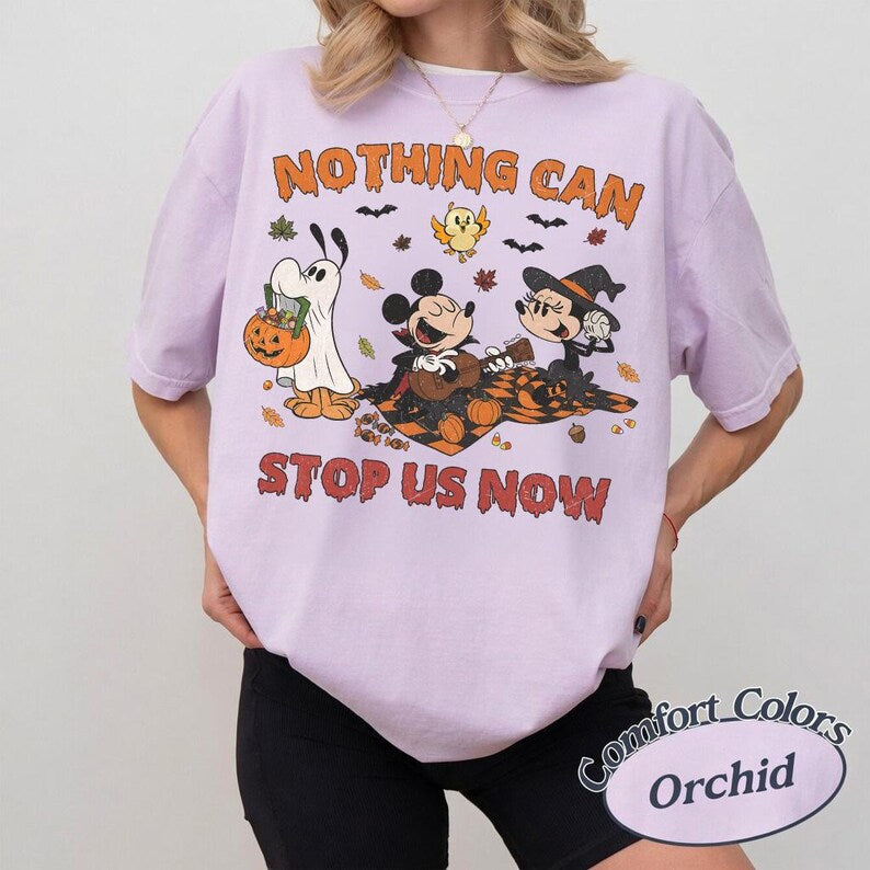 Retro Comfort Colors Halloween Runaway Railway Shirt, Nothing Can Stop Us Now Mickey Minnie Pluto Shirt, Disneyland Trip Hallowwen Outfits