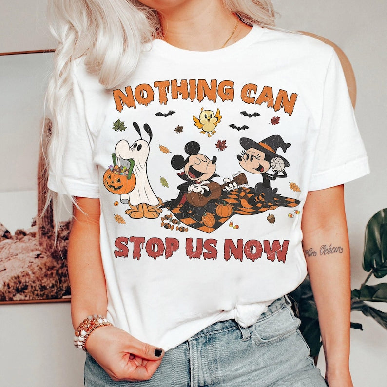 Retro Comfort Colors Halloween Runaway Railway Shirt, Nothing Can Stop Us Now Mickey Minnie Pluto Shirt, Disneyland Trip Hallowwen Outfits