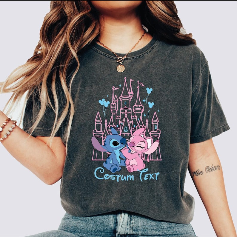 Custom Stitch Angel Castle Shirt, Disney Couple Tee, Magic Kingdom Trip Shirt