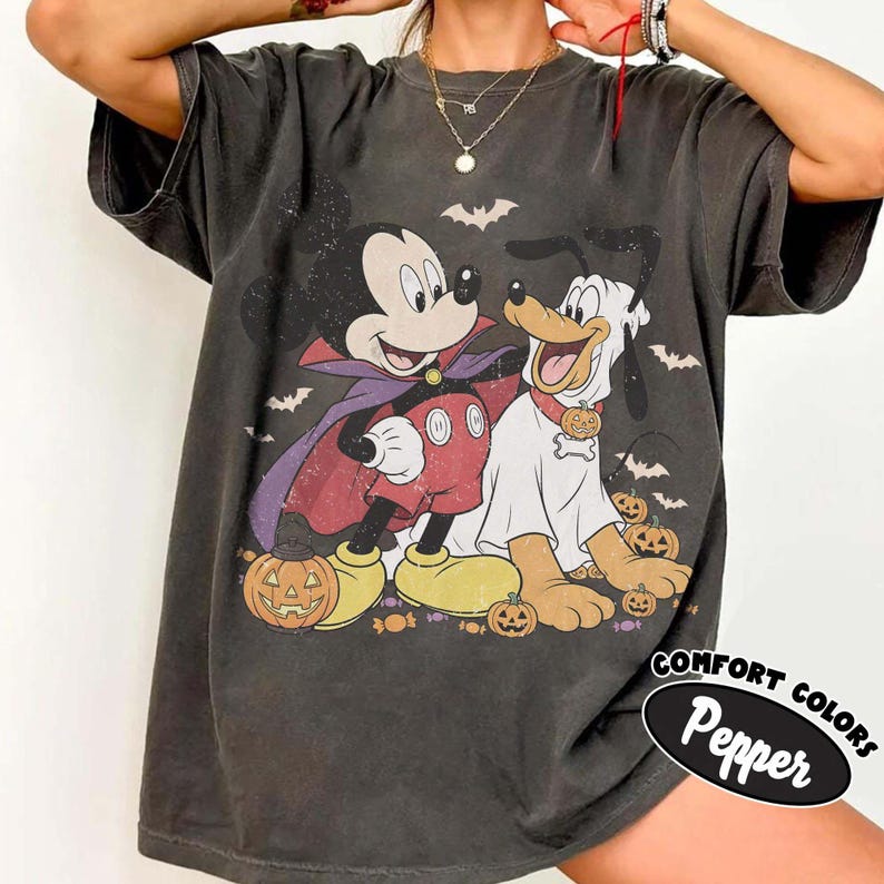Retro Mickey and Pluto Halloween Shirt, Comfort Colors Vampire Ghost Pumpkin Design Tee, Disney Family Matching Theme Park Trip Gift 2026