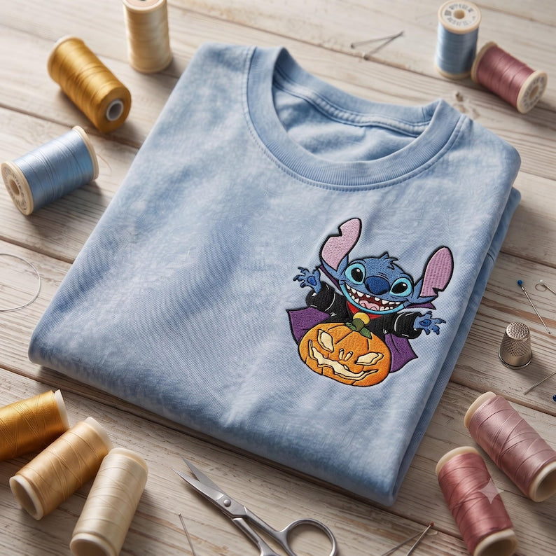 Stitch Vampire Halloween Embroidered Washed Tee, Vintage Disney Lilo Stitch Pumpkin Shirt, Retro Disney Park Outfit, Retro Disney Park Shirt
