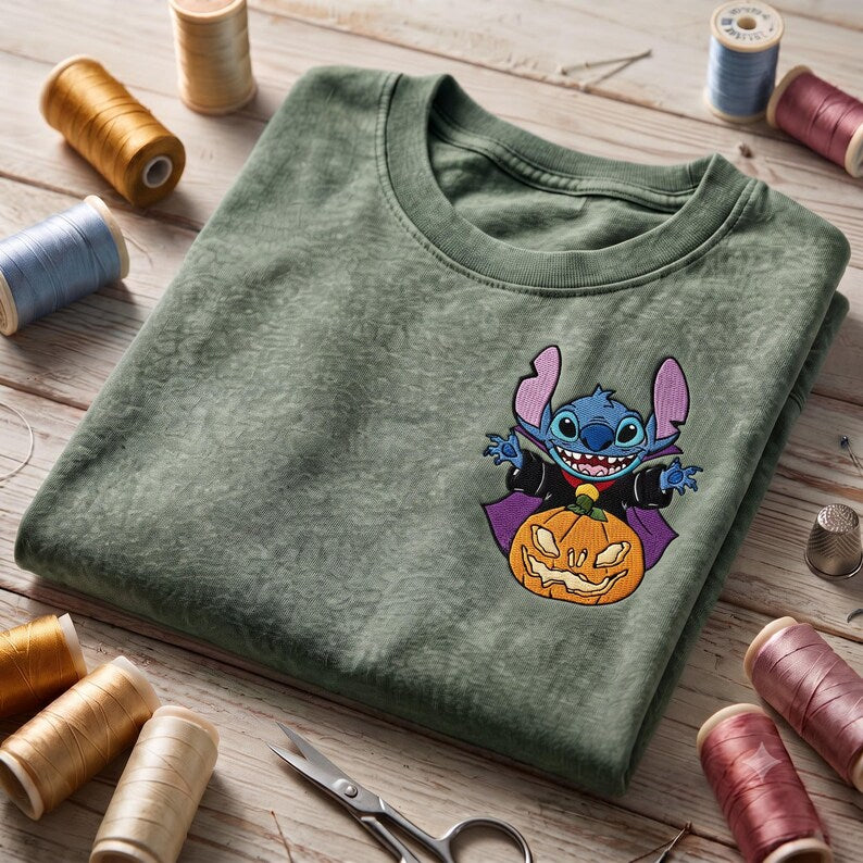 Stitch Vampire Halloween Embroidered Washed Tee, Vintage Disney Lilo Stitch Pumpkin Shirt, Retro Disney Park Outfit, Retro Disney Park Shirt