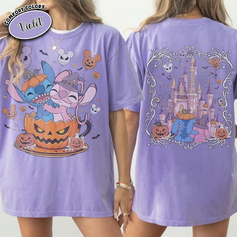 Vintage Stitch and Angel Halloween Shirt, Comfort Colors Two Sided Disney Pumpkin Castle Graphic Tee, Spooky Theme Park Vacation Gift 2026