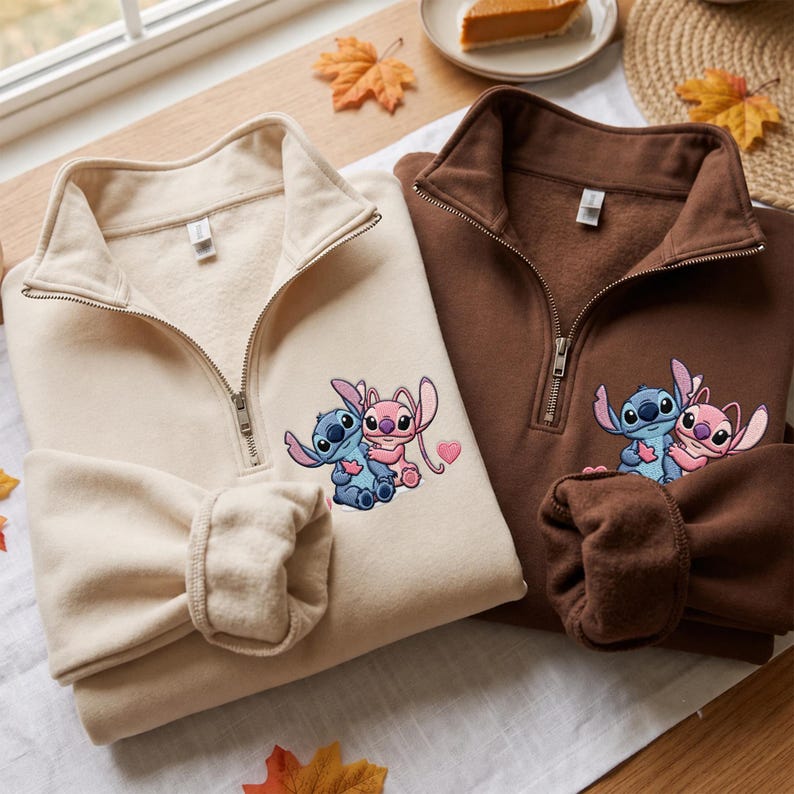 Stitch And Angel Sweatshirt Disney Embroidered Shirt Couple Matching Hoodie Quarter Zip Baby Tee Park Outfit Besties Gift