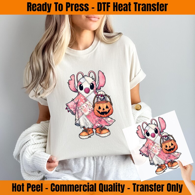 Patchwork Stitch and Angel Halloween DTF Transfer, Disney Couple Stitch Ghost Ready To Press,