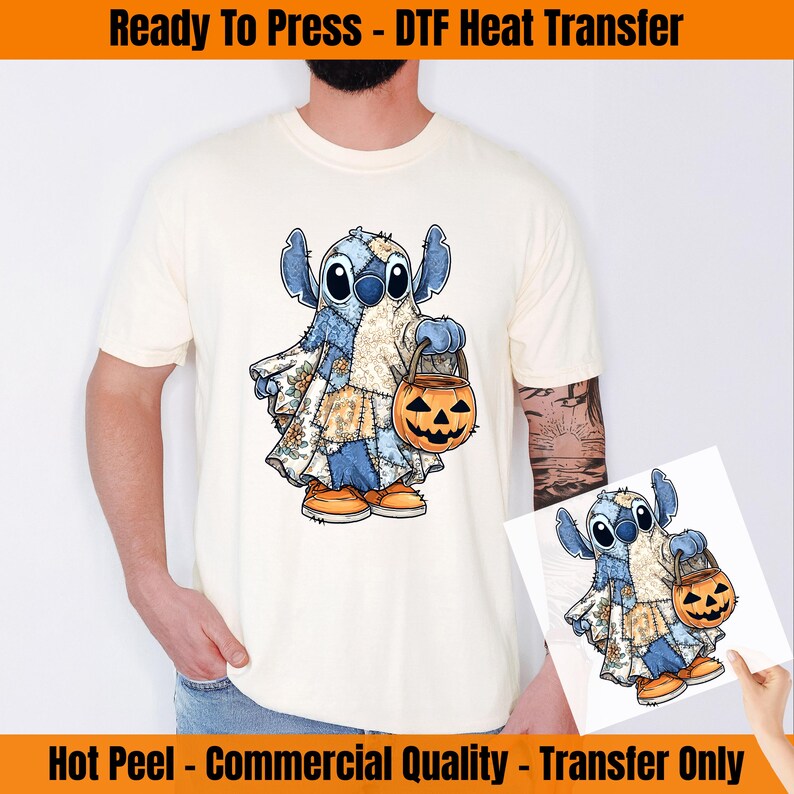 Patchwork Stitch and Angel Halloween DTF Transfer, Disney Couple Stitch Ghost Ready To Press,