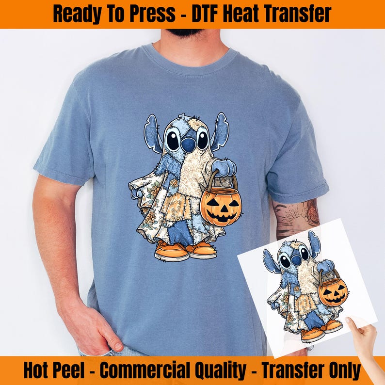 Patchwork Stitch and Angel Halloween DTF Transfer, Disney Couple Stitch Ghost Ready To Press,