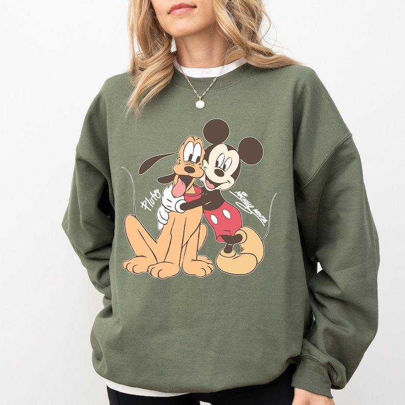Mickey Mouse Pluto Sweatshirt, Disney Best Friends Hoodie, Vintage Cartoon Pullover, Cute Theme Park Vacation Gift