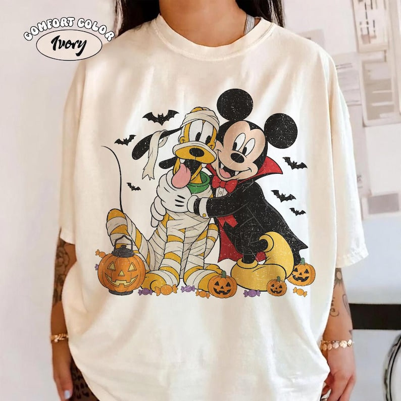 Comfort Colors Disney Mickey and Pluto Classic Halloween Shirt, Mickey Pluto Witch Mummy Pumpkin Tee, Mickey's Not So Scary Halloween Party