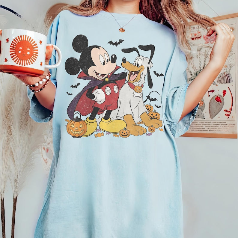 Retro Mickey and Pluto Halloween Shirt, Comfort Colors Vampire Ghost Pumpkin Design Tee, Disney Family Matching Theme Park Trip Gift 2026