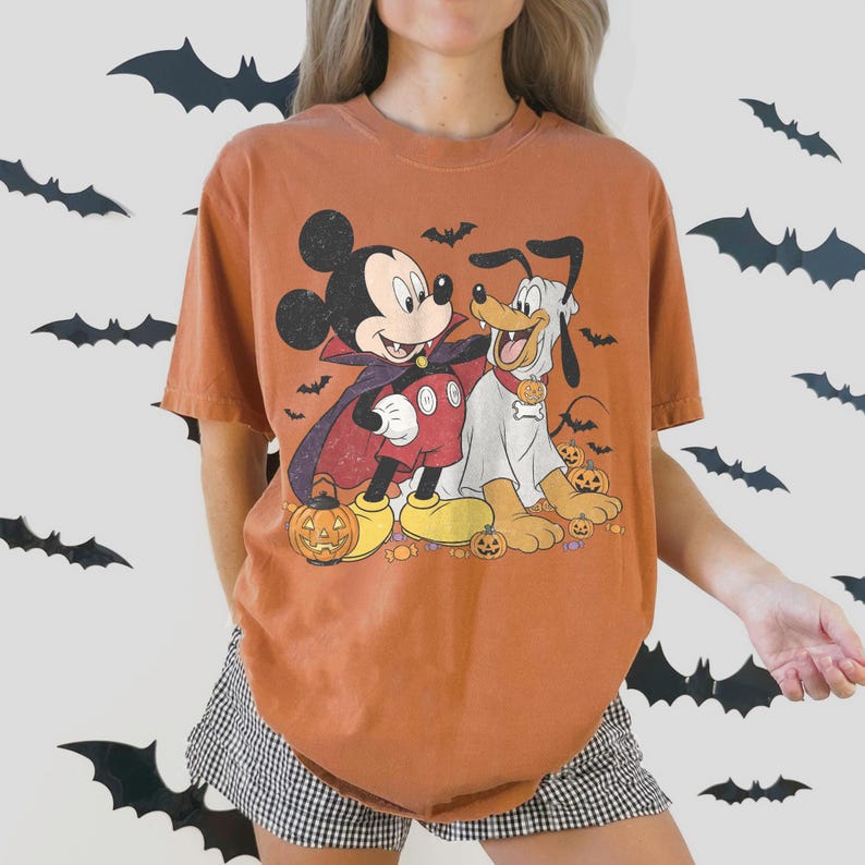 Retro Mickey and Pluto Halloween Shirt, Comfort Colors Vampire Ghost Pumpkin Design Tee, Disney Family Matching Theme Park Trip Gift 2026