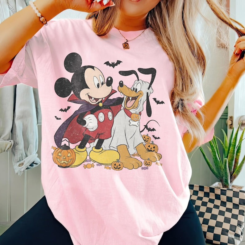 Retro Mickey and Pluto Halloween Shirt, Comfort Colors Vampire Ghost Pumpkin Design Tee, Disney Family Matching Theme Park Trip Gift 2026