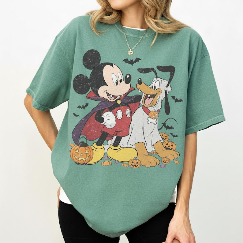 Retro Mickey and Pluto Halloween Shirt, Comfort Colors Vampire Ghost Pumpkin Design Tee, Disney Family Matching Theme Park Trip Gift 2026