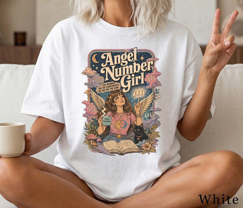 Angel Number Girl Retro Graphic T-Shirt - Funny Cosmic Spirit Design BX3GEG