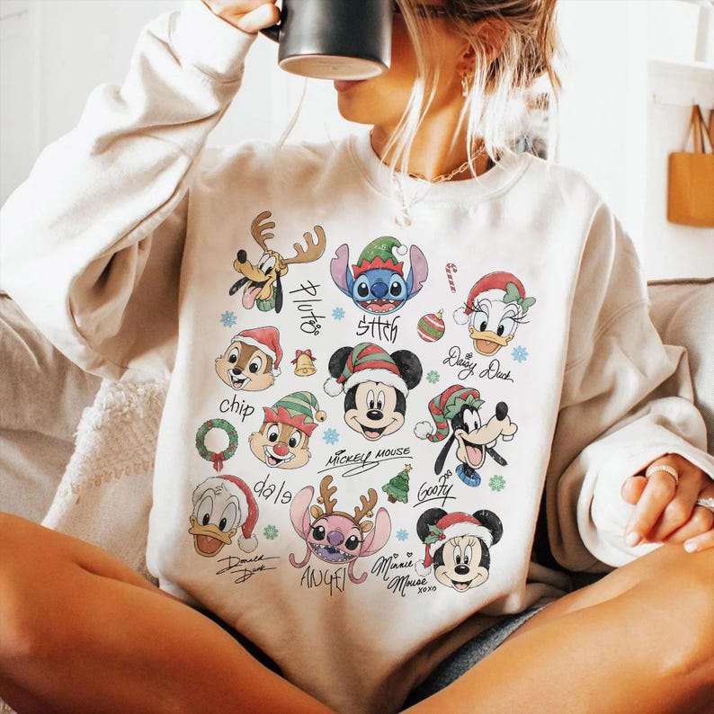 Comfort Colors Retro Disney Mickey and Friends Signatures Christmas Shirt, Stitch Chip n Dale Santa Christmas Tee, WDW Christmas Trip Shirt