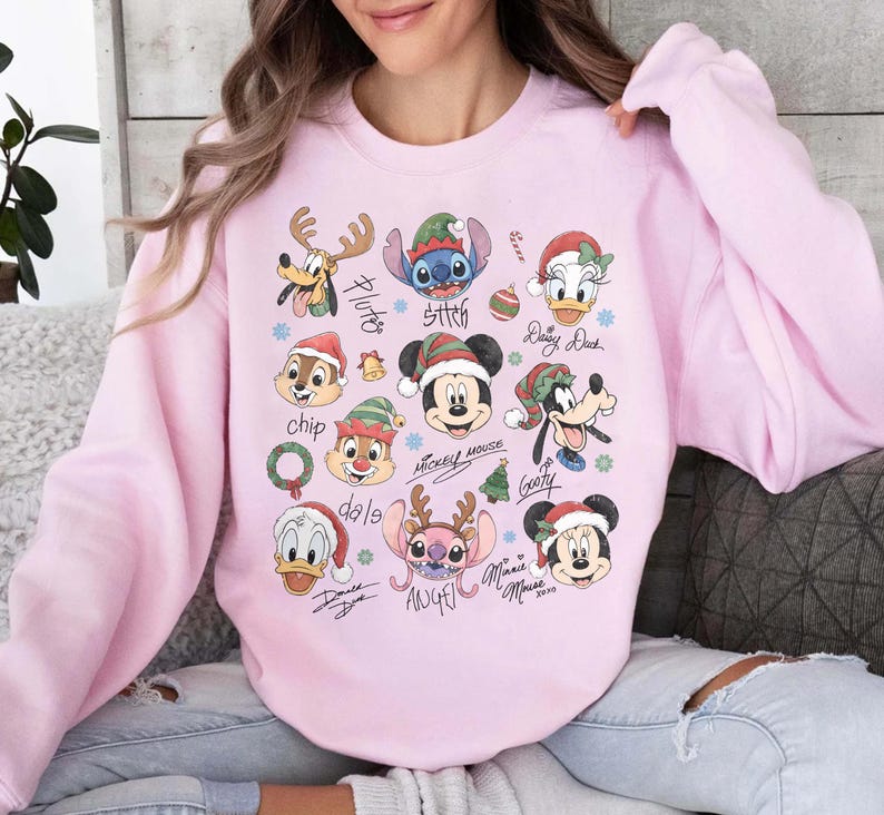 Comfort Colors Retro Disney Mickey and Friends Signatures Christmas Shirt, Stitch Chip n Dale Santa Christmas Tee, WDW Christmas Trip Shirt