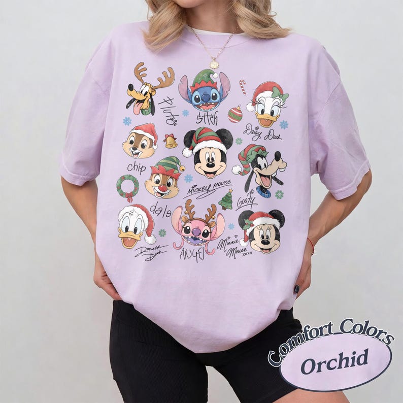 Comfort Colors Retro Disney Mickey and Friends Signatures Christmas Shirt, Stitch Chip n Dale Santa Christmas Tee, WDW Christmas Trip Shirt