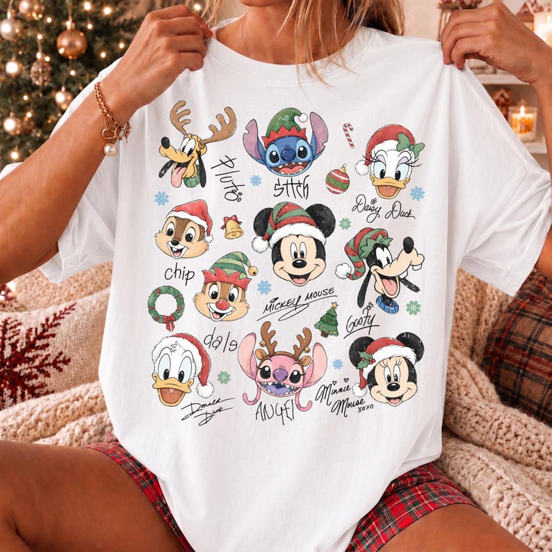 Comfort Colors Retro Disney Mickey and Friends Signatures Christmas Shirt, Stitch Chip n Dale Santa Christmas Tee, WDW Christmas Trip Shirt