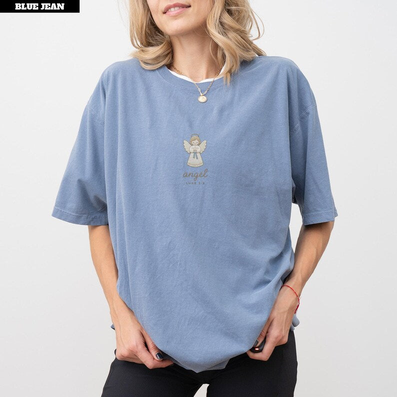 Angel Christian Christmas Shirt Women, Luke 2 9 Bible Tee, Faux Embroidered Keepsake, Nativity Gift, Comfort Colors©