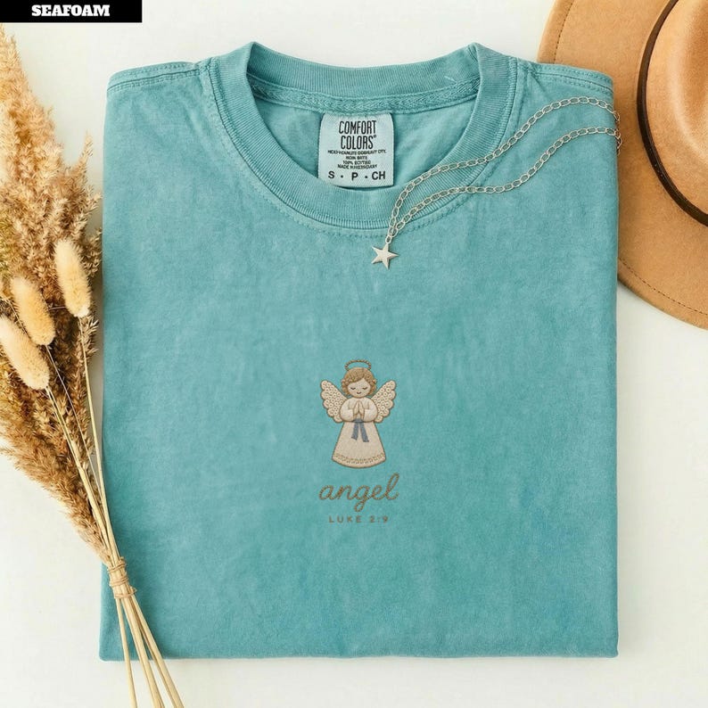 Angel Christian Christmas Shirt Women, Luke 2 9 Bible Tee, Faux Embroidered Keepsake, Nativity Gift, Comfort Colors©