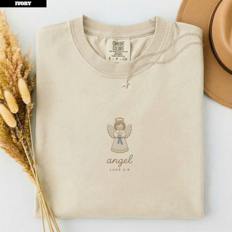 Angel Christian Christmas Shirt Women, Luke 2 9 Bible Tee, Faux Embroidered Keepsake, Nativity Gift, Comfort Colors©