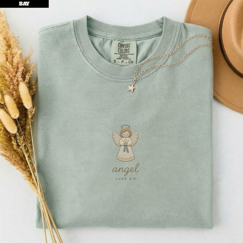 Angel Christian Christmas Shirt Women, Luke 2 9 Bible Tee, Faux Embroidered Keepsake, Nativity Gift, Comfort Colors©
