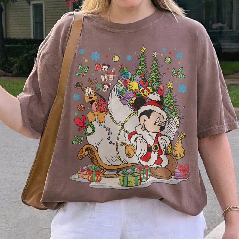 Disney Vintage Mickey and Pluto Santa Christmas Tree Shirt, Ho Ho Ho Christmas Mickey and Friends Shirt, Disneyland Holiday Trip Family Tee