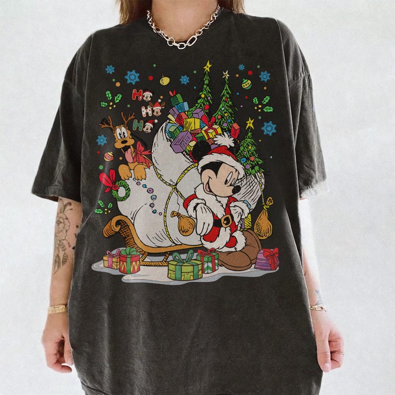 Disney Vintage Mickey and Pluto Santa Christmas Tree Shirt, Ho Ho Ho Christmas Mickey and Friends Shirt, Disneyland Holiday Trip Family Tee
