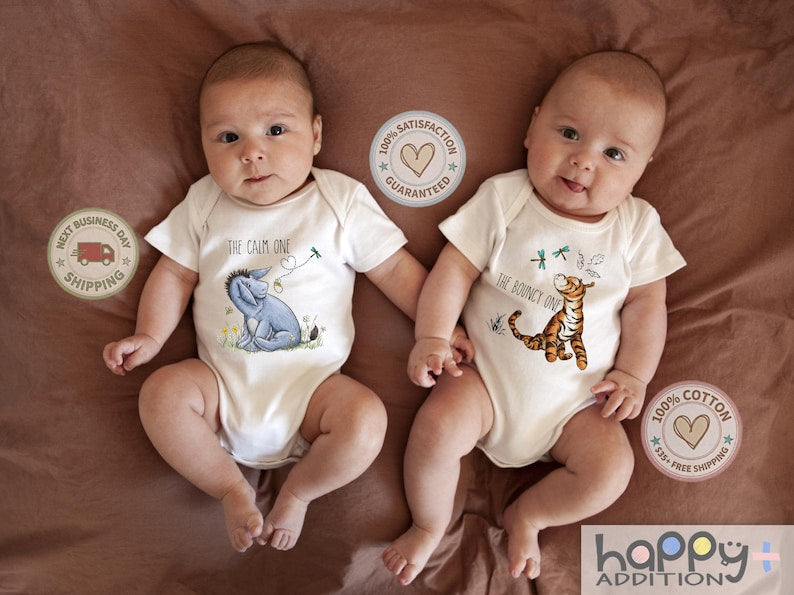 Vintage Storybook Eeyore and Tigger Twin Gift Twins Matching Outfits Baby Bodysuit ONESIE®(Set of 2) Clam One, Bouncy One, Pooh Bear Piglet